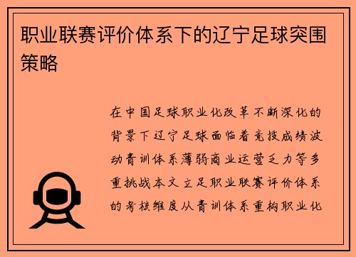 职业联赛评价体系下的辽宁足球突围策略