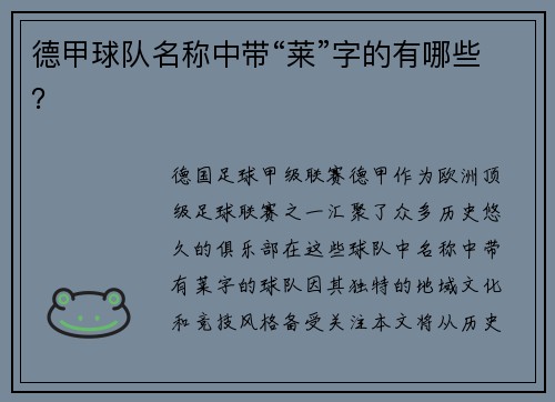 德甲球队名称中带“莱”字的有哪些？