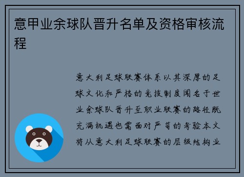意甲业余球队晋升名单及资格审核流程
