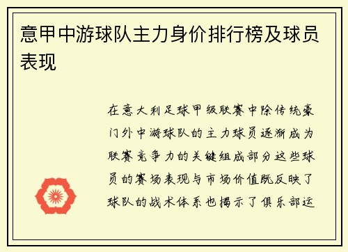 意甲中游球队主力身价排行榜及球员表现