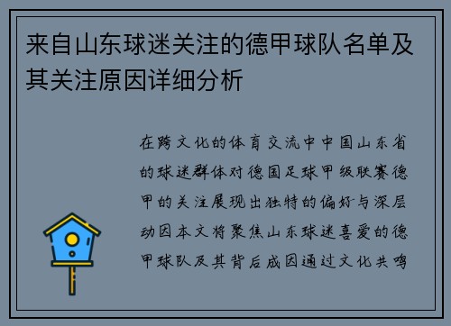 来自山东球迷关注的德甲球队名单及其关注原因详细分析
